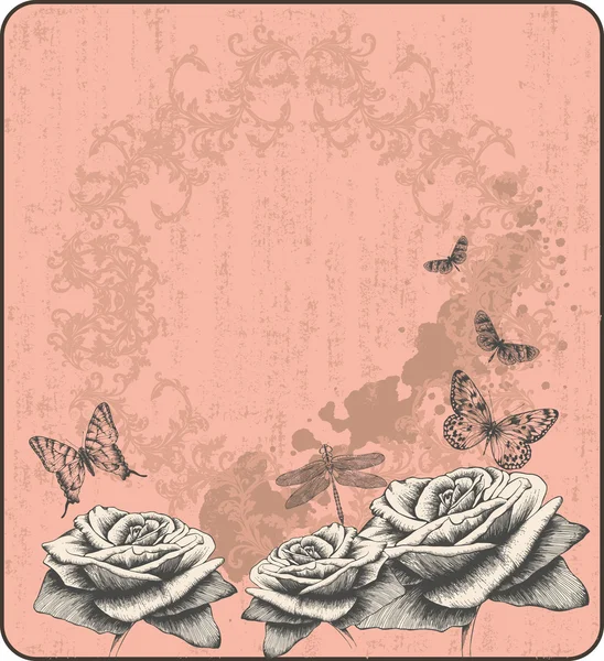 Sfondo vintage rosa con farfalle e rose decorative, disegno a mano — Vettoriale Stock