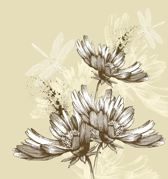 Abstraktní kvetoucí květiny, létající vážky, ruční kreslení. příklad, kde vektor — Stockový vektor