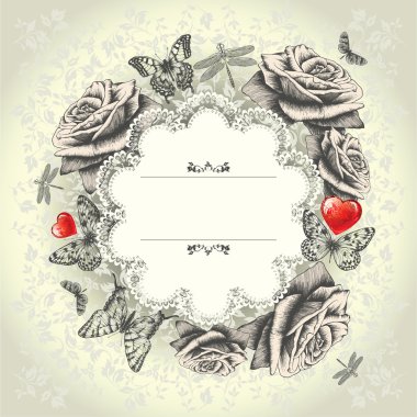 Glamorous lace frame with blooming roses, flying butterflies, red heart. Ha clipart