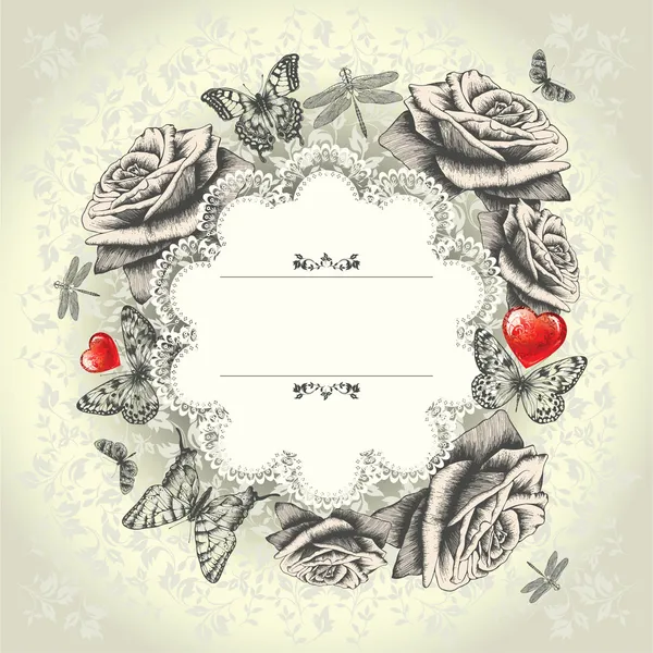 Гламурная кружевная рамка с цветущими розами, летящими бабочками, красным сердцем. Ха — стоковый вектор