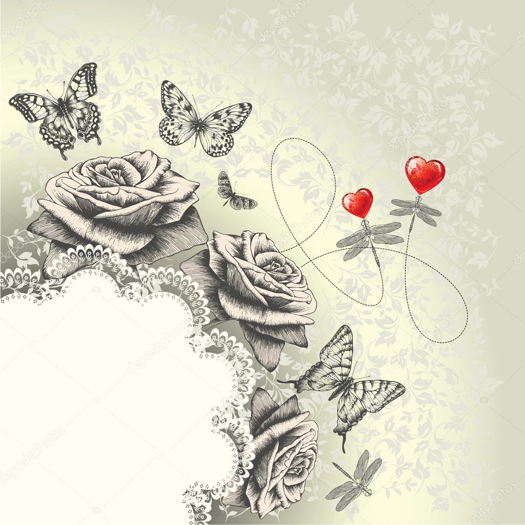 Glamour background with lacy frame, red hearts, flying butterflies, dragonf