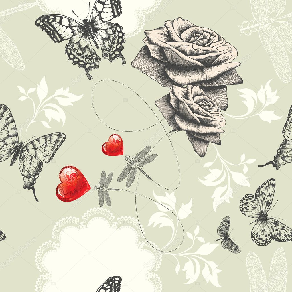Seamless wallpaper with roses, butterflies and red hearts, Hand drawing. Ve