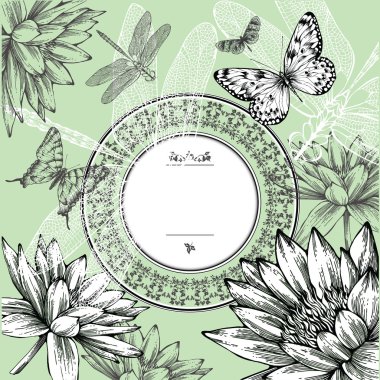 Vintage round frame with water lilies, butterflies and dragonflies, hand-drawing. Vector. clipart