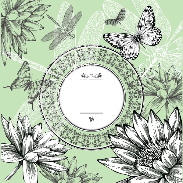 Vintage round frame with water lilies, butterflies and dragonflies, hand-drawing. Vector. — Stock Vector