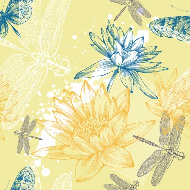 Seamless background with water lilies, dragonflies and butterflies, hand-drawing. Vector. clipart