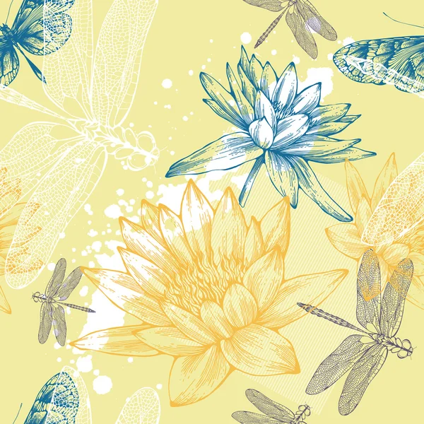 Fondo sin costuras con nenúfares, libélulas y mariposas, dibujo a mano. Vector . — Archivo Imágenes Vectoriales