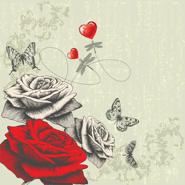 Fondo vintage con rosas, mariposas, libélulas y corazones rojos, dibujo a mano. Vector . — Archivo Imágenes Vectoriales