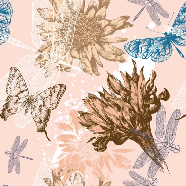 Sömlös bakgrund med rosa blommor som blommar, fjärilar och trollsländor, hand-ritning. vektor. — Stock vektor