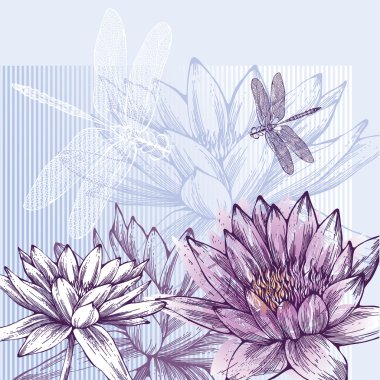 Floral background with blooming water lilies and dragonflies flying, hand-drawing. Vector. clipart