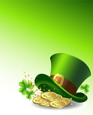 Background to the St. Patrick's Day with a green hat and gold coins. Vector. clipart