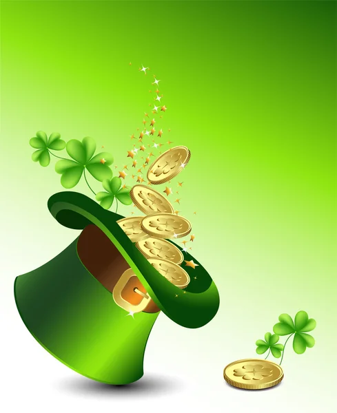 Hintergrund der St. Patrick 's Day mit einem grünen Hut mit Goldmünzen und Klee. Vektor. — Stockvektor