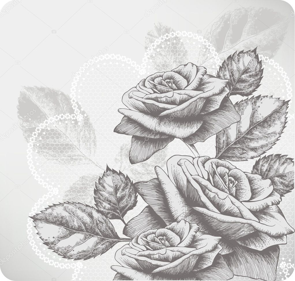 Background with blooming roses and glamorous lace, hand-drawing. Vector