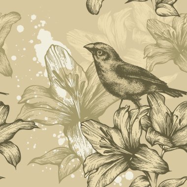 Seamless background with birds and flowering lilies, hand-drawing. Vector. clipart