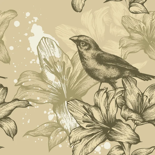 Nahtloser Hintergrund mit Vögeln und blühenden Lilien, Handzeichnung. Vektor. — Stockvektor