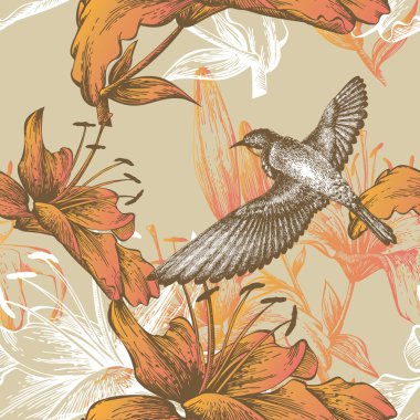 Seamless pattern with lilies and a flying bird, hand-drawing. Vector. clipart