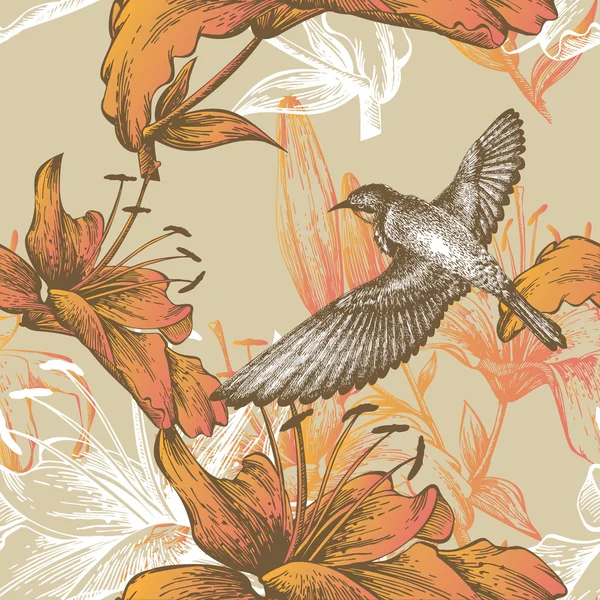 Seamless mönster med liljor och en flygande fågel, hand-ritning. vektor. — Stock vektor