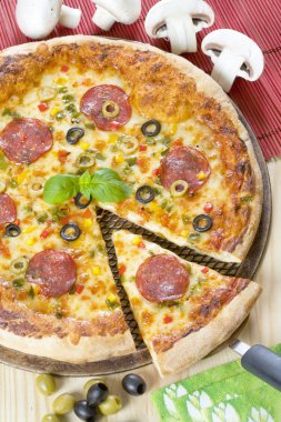 Tasty salami pizza cut off slice clipart