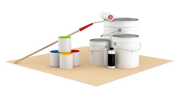 Plechovky a kbelík s barevné malování a válec kartáče — Stock fotografie