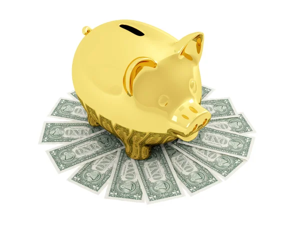 Goldenes Sparschwein auf Dollarschein — Stockfoto