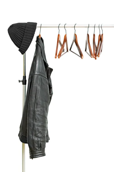stock image Black leather jacket on a hanger