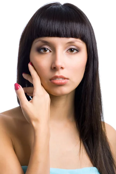 Pretty woman with long straight black hair looking at camera, is — Stock Photo, Image