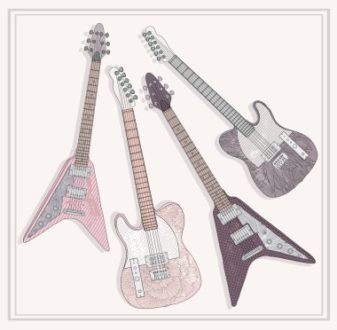 Electric and bass guitars set. Cute guitars with floral pattern. clipart