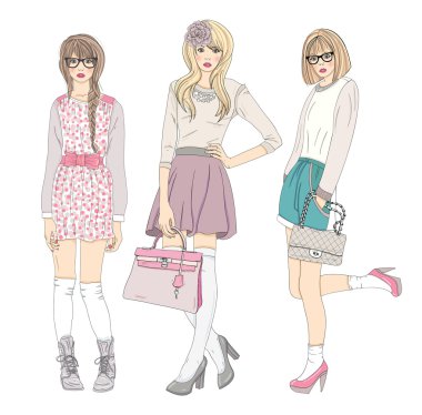 Young fashion girls illustration. Vector illustration. Backgroun clipart