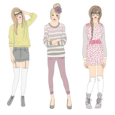 Young fashion girls illustration. Vector illustration. Backgroun clipart