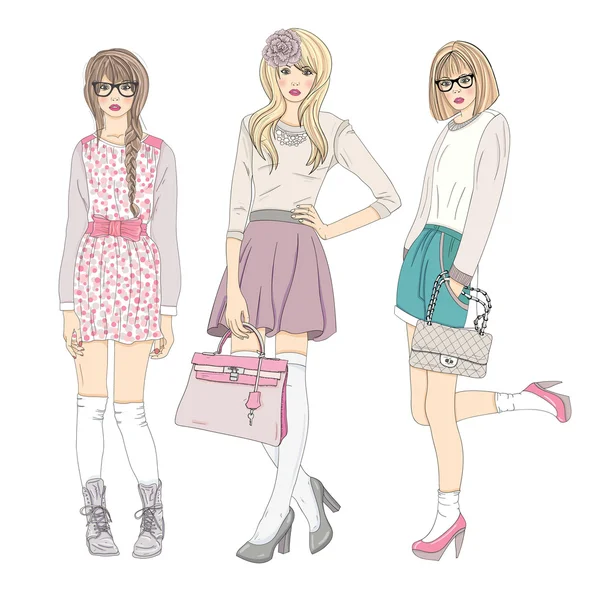 Giovani ragazze di moda illustrazione. Illustrazione vettoriale. Backgroun — Vettoriale Stock