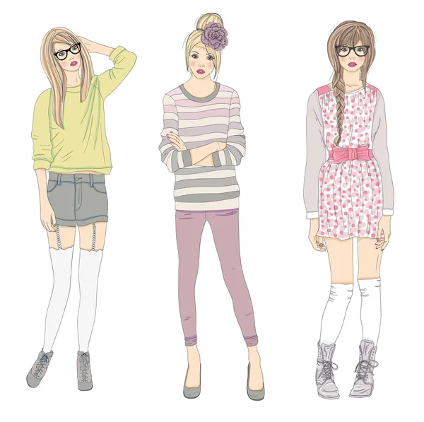 Ilustración de chicas de moda joven. Ilustración vectorial. Antecedentes — Vector de stock