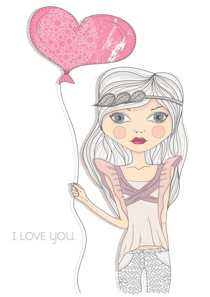 Aftelkalender voor Valentijnsdag kaart. mode meisje met hart vorm ballon. — Stockvector
