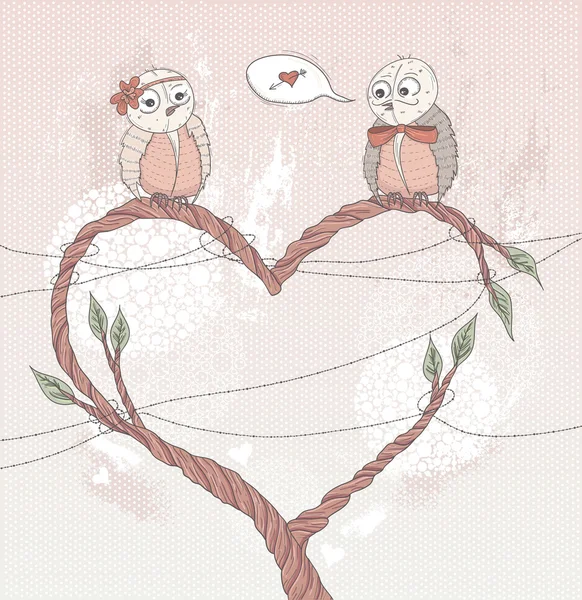 Valentinka. roztomilý ptáček v lásce. větev tvar srdce. — Stockový vektor