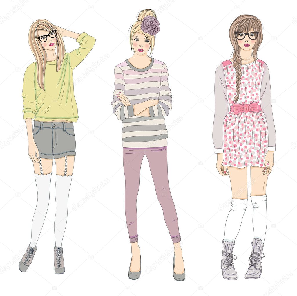 Young fashion girls illustration. Vector illustration. Backgroun