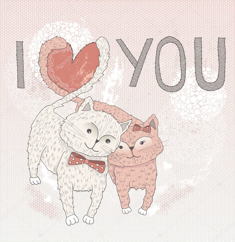 Valentine's day card. Cute cats in love. Cats with heart shape tails.