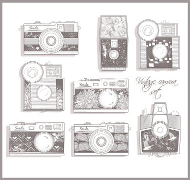 Retro photo cameras set. Vintage cameras. clipart