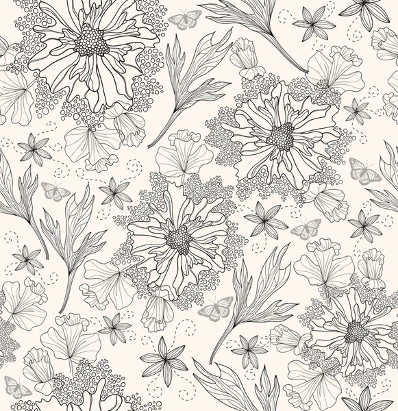 Abstraktní květinovým vzorem. bezešvé pattern s květinami, motýl — Stockový vektor
