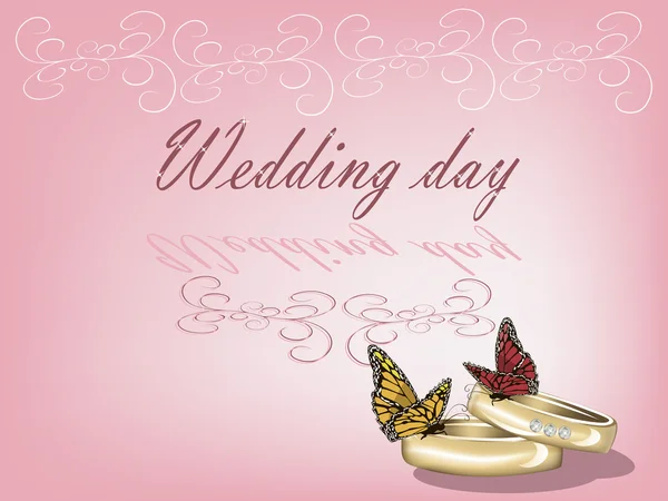 Свадебный фон с двумя кольцами и бабочками — стоковый вектор