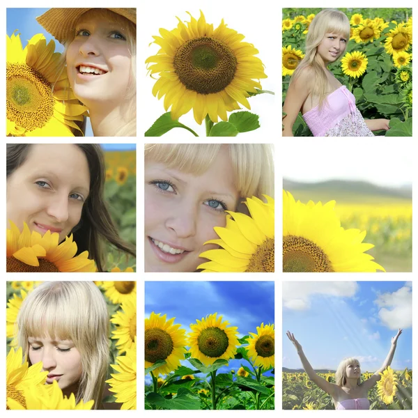 Collage estivo con girasoli e volti — Foto Stock