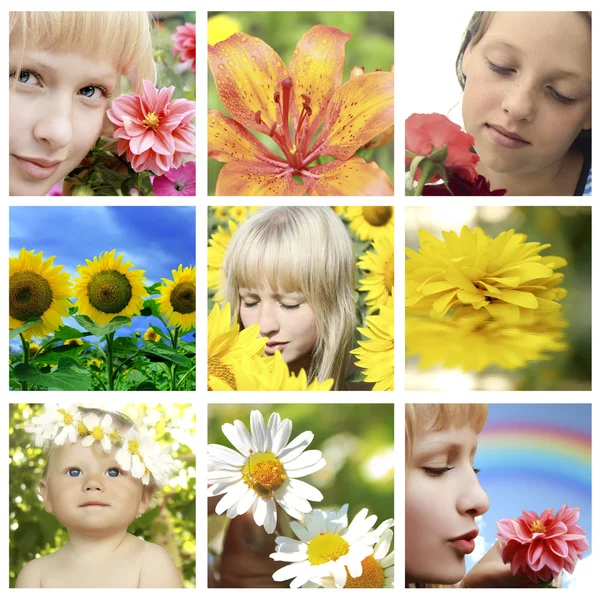 Virágos kollázs-, virág- és Vértes arcok — Stock Fotó
