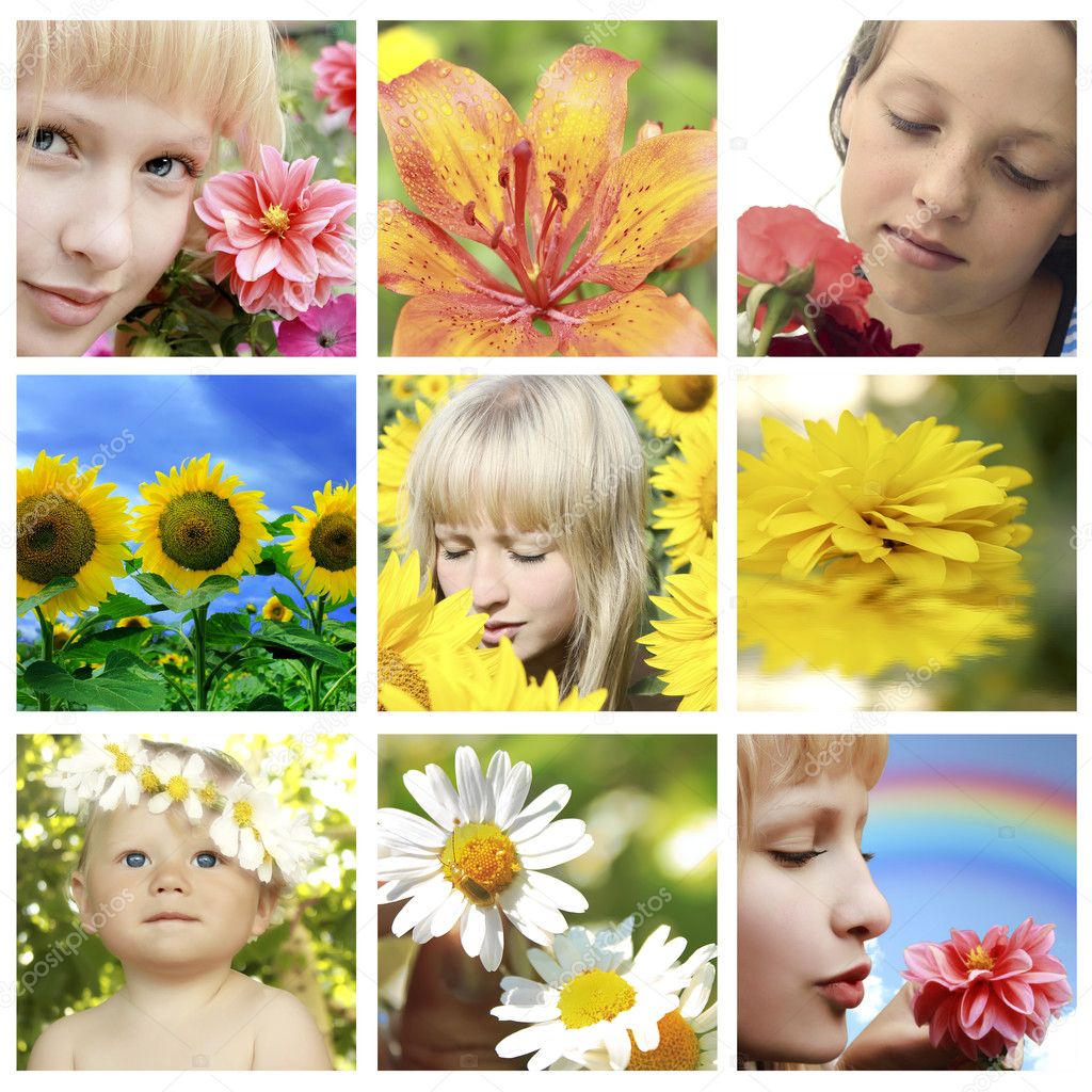Floral collage with flower and closeup faces
