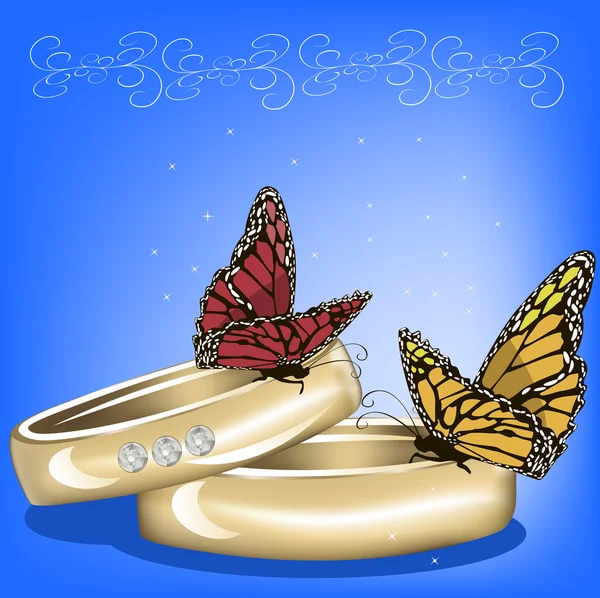 Esküvői gyűrű és a pillangók a kék háttér — Stock Vector