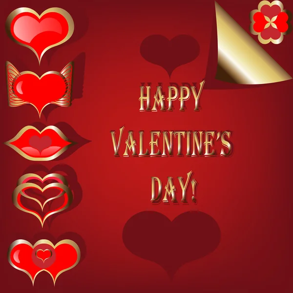 San Valentín conjunto de corazones rojos y dorados sobre el fondo rojo — Vector de stock