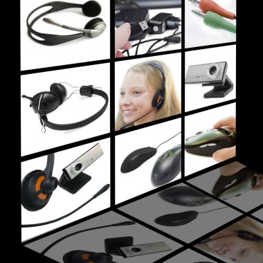 Collage with computer equipment on black background clipart