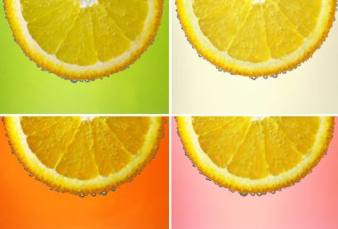 Set of four pictures, orange in water with bubbles clipart