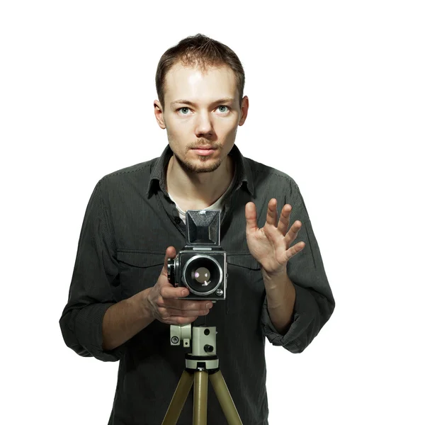 Man met retro camera — Stockfoto