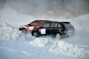 Two cars compete at the turning the track clipart