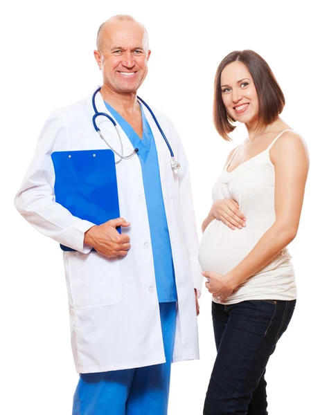 Studio skott av smiley gravid kvinna och läkare — Stockfoto