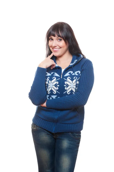Estúdio tiro de mulher sorridente em suéter — Fotografia de Stock