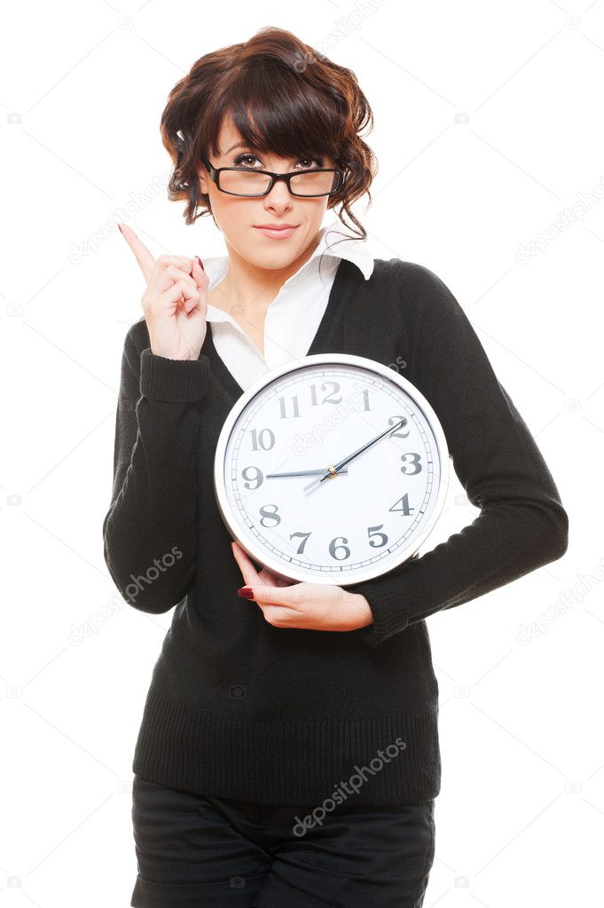 Studio shot of woman and clock