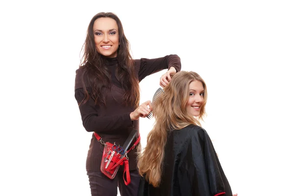 Vackra frisör och smiley-klient — Stockfoto